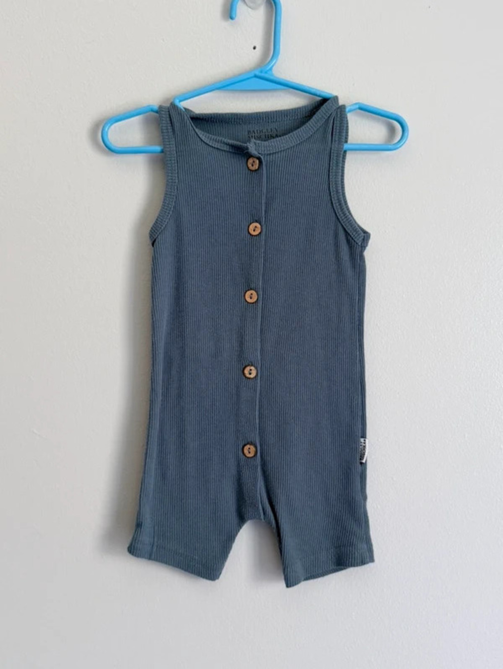 Badgley Mischka Baby Blue Ribbed Button Romper 12-18M